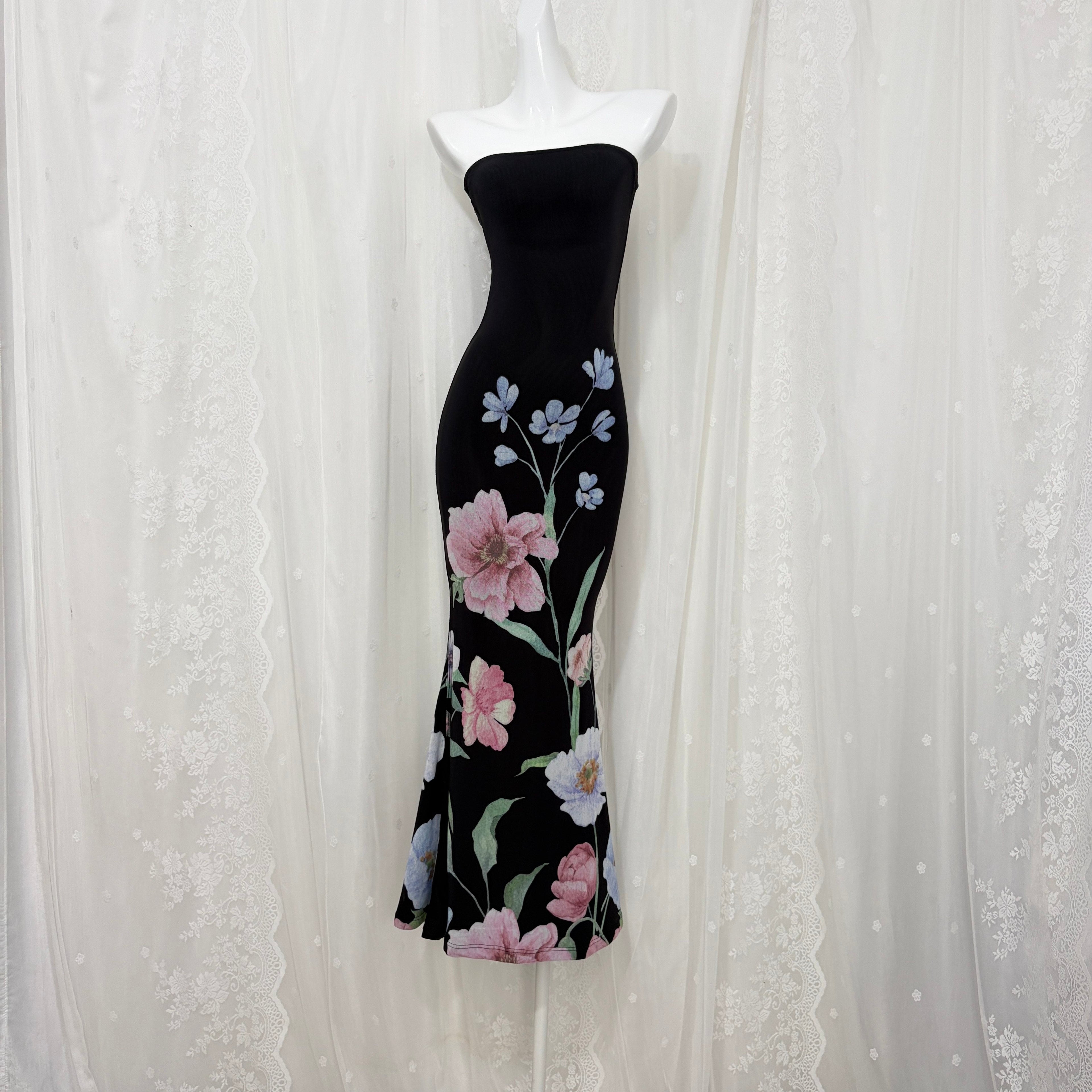 Flowering Girl Women Black Floral Print Strapless Mermaid Maxi Dress