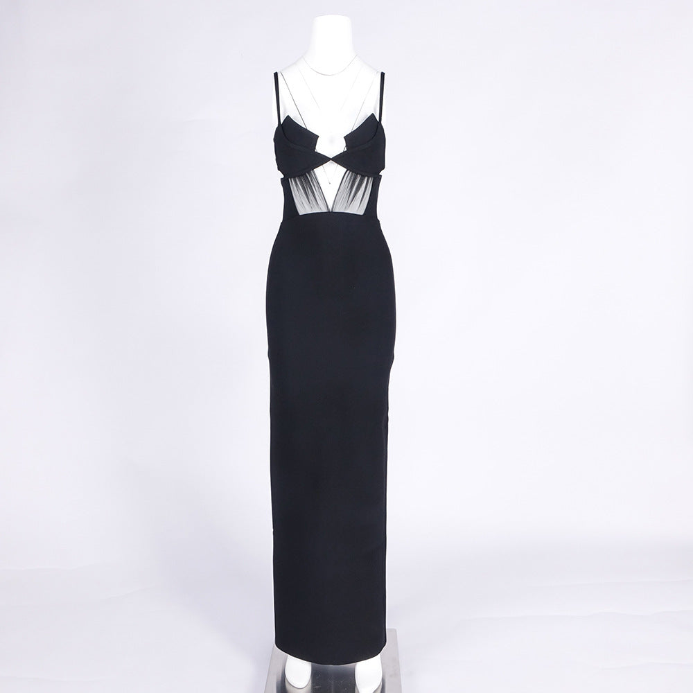 Flowering Girl Women back slit knitted bandage maxi dress in black