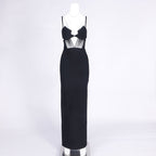 Flowering Girl Women back slit knitted bandage maxi dress in black