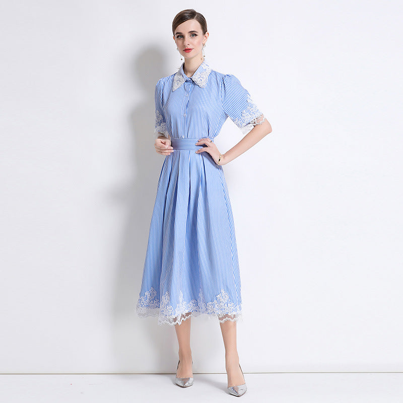 Flowering Girl Women Lace Short Sleeve Striped Shirt Set