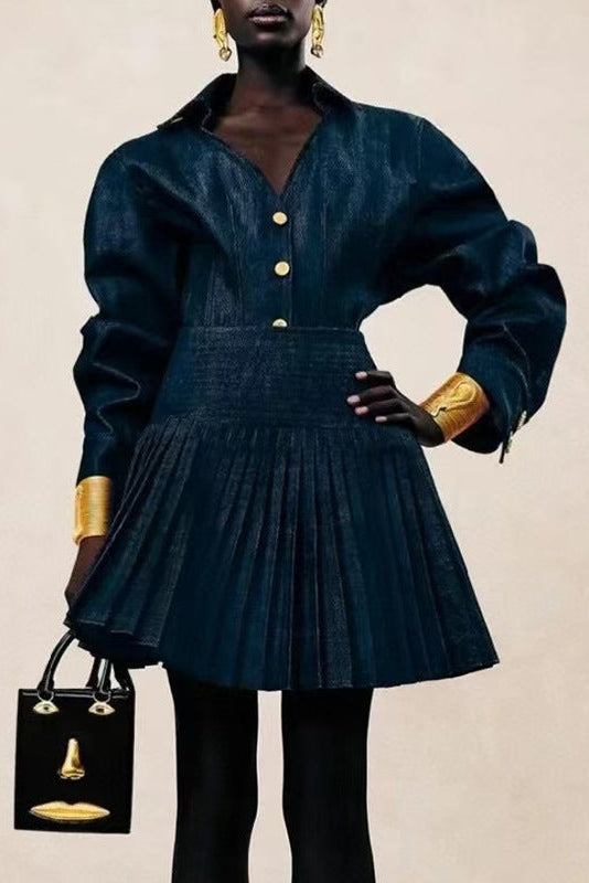 Florence Single-Breasted Top Pleated Skirt In Navy Blue