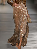 Brown Long-Sleeved V-Neck Maxi Evening Dress