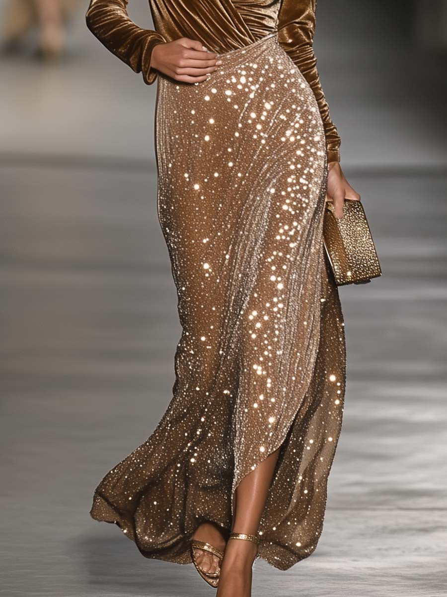 Brown Long-Sleeved V-Neck Maxi Evening Dress