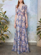 Purple Floral Printed V-Neck Maxi Dress