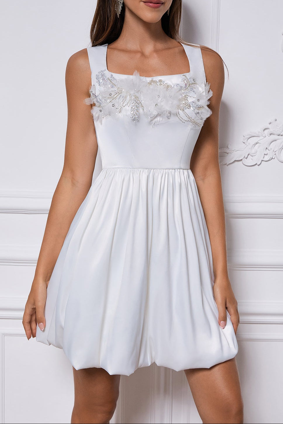 Sabina Appliqué Satin Puffy Mini Dress In White