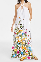 White Floral & Butterfly Print Halter Neck Maxi Dress