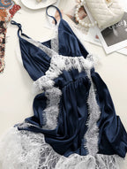 Flowering Girl Women Navy Spaghetti Strap V-Neck Tiered Lace Fringe Maxi Dress