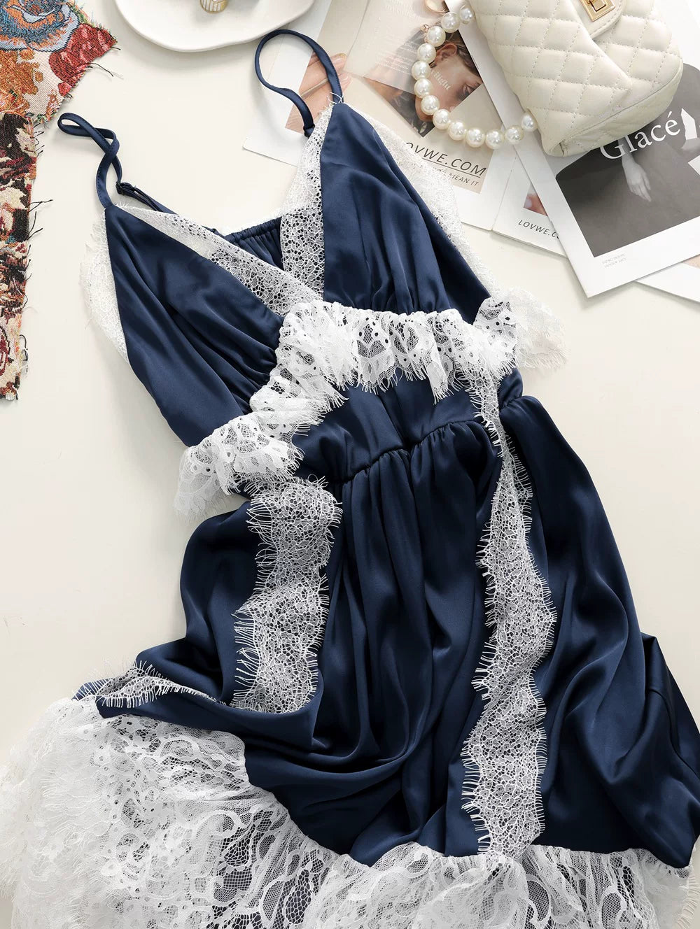 Flowering Girl Women Navy Spaghetti Strap V-Neck Tiered Lace Fringe Maxi Dress