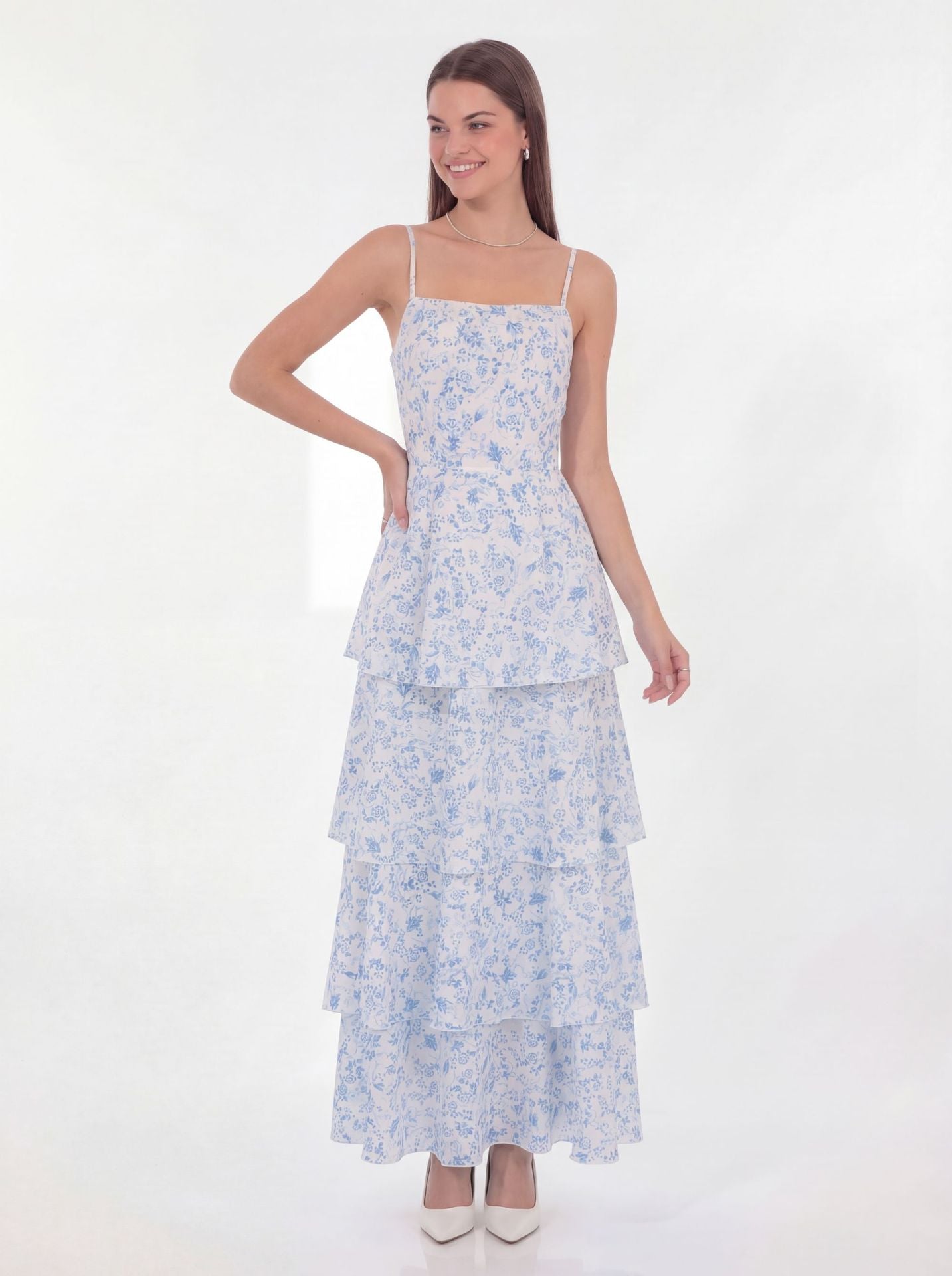 eileen floral print layer strappy maxi dress - blue