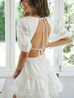 Flowering Girl Women white cut-out lace-up backless dress