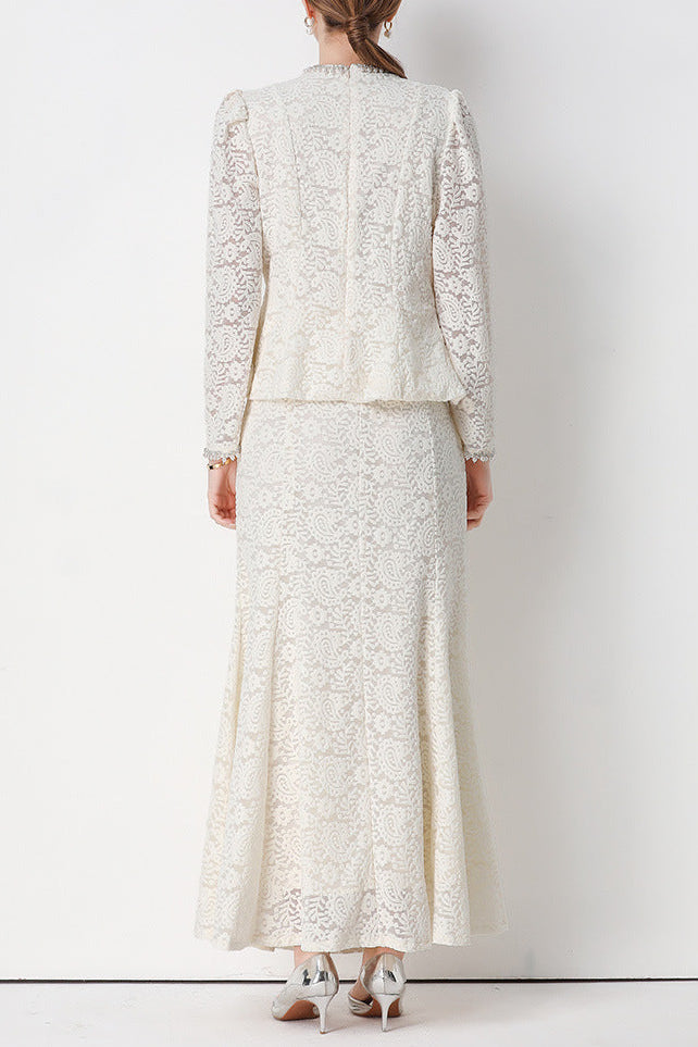 Georgia Beaded V-Neck Lace Top & Fishtail Skirt Set - Whtie