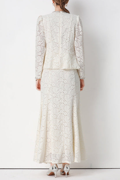 georgia Beaded V-neck lace top & fishtail skirt set - whtie