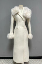 Flowering Girl Women Ivory Slim faux fur mid-length woolen coat