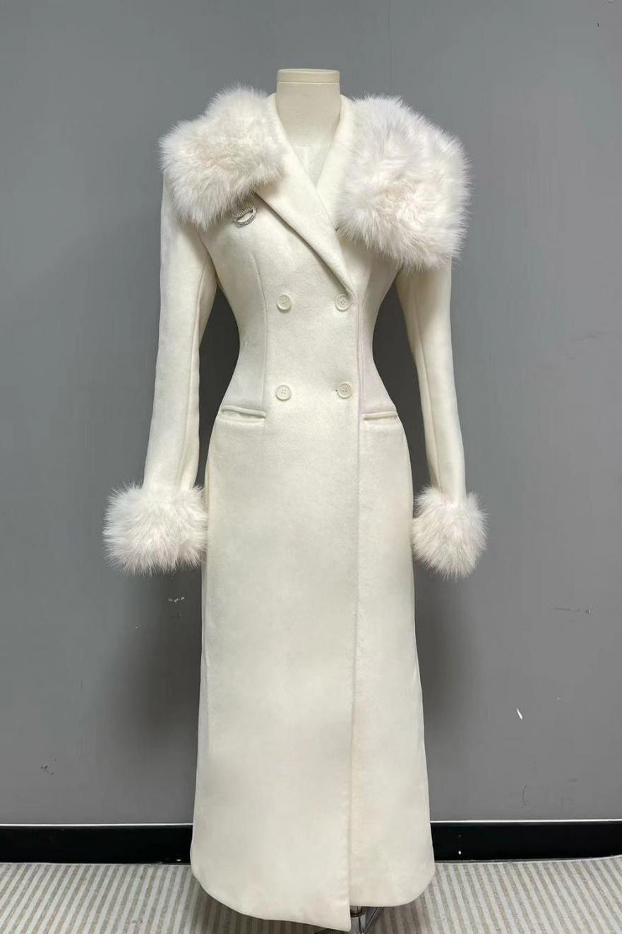 Flowering Girl Women Ivory Slim faux fur mid-length woolen coat