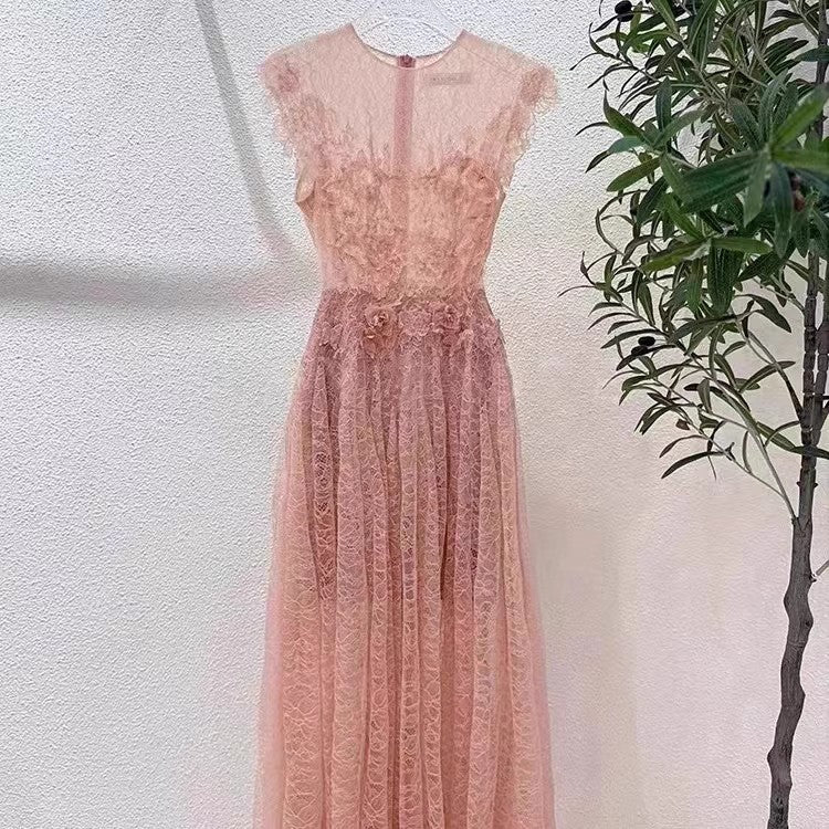 Jennifer Lace Flower Embellished Maxi Dress In Pink