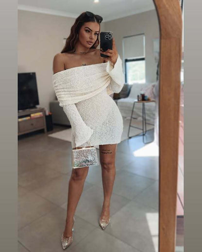 Knitted openwork one-line see-through openwork mini dress