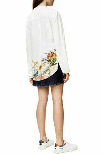 White Henley Neck Floral Print Back Long Sleeve Blouse