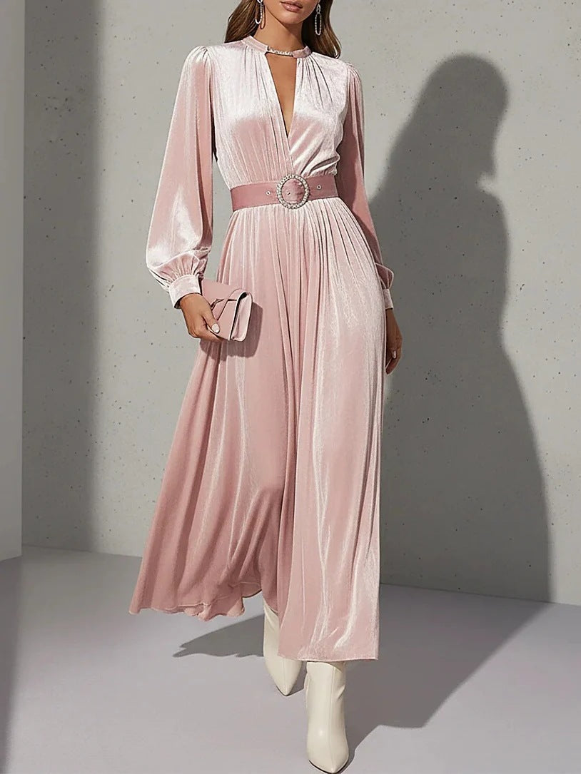 Flowering Girl Women pink V-neck gold velvet maxi dress