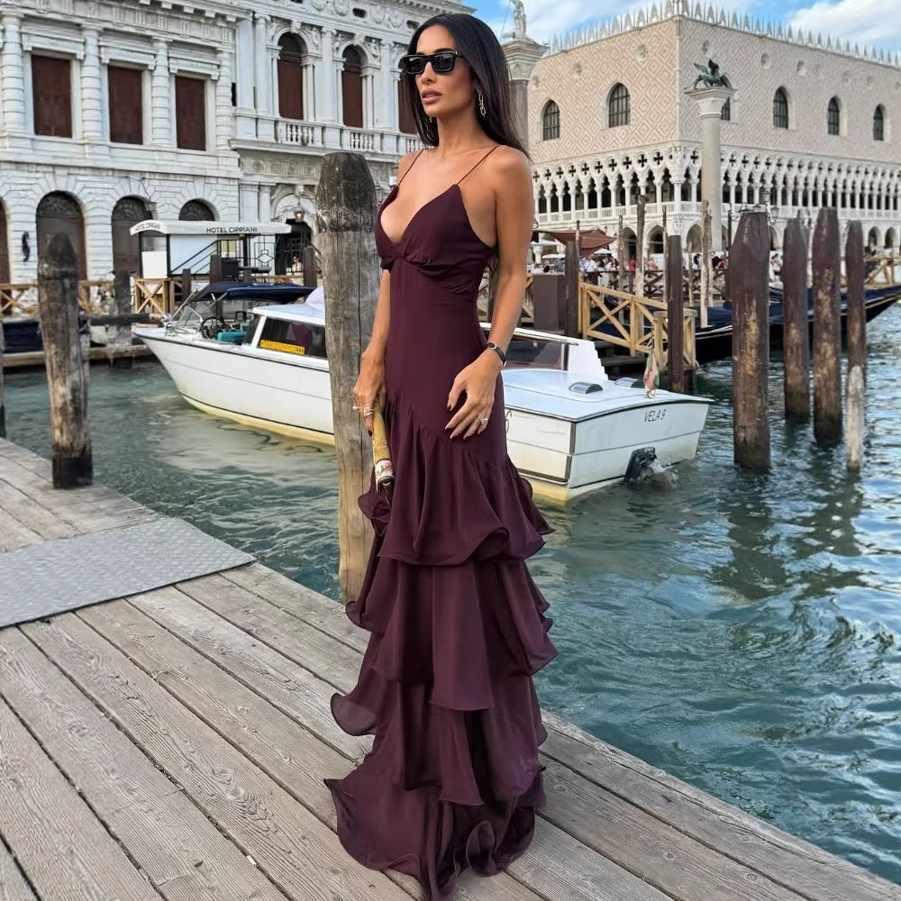 Flowering Girl Women lorraine Waist-cinching backless camisole cake maxi dress - burgundy