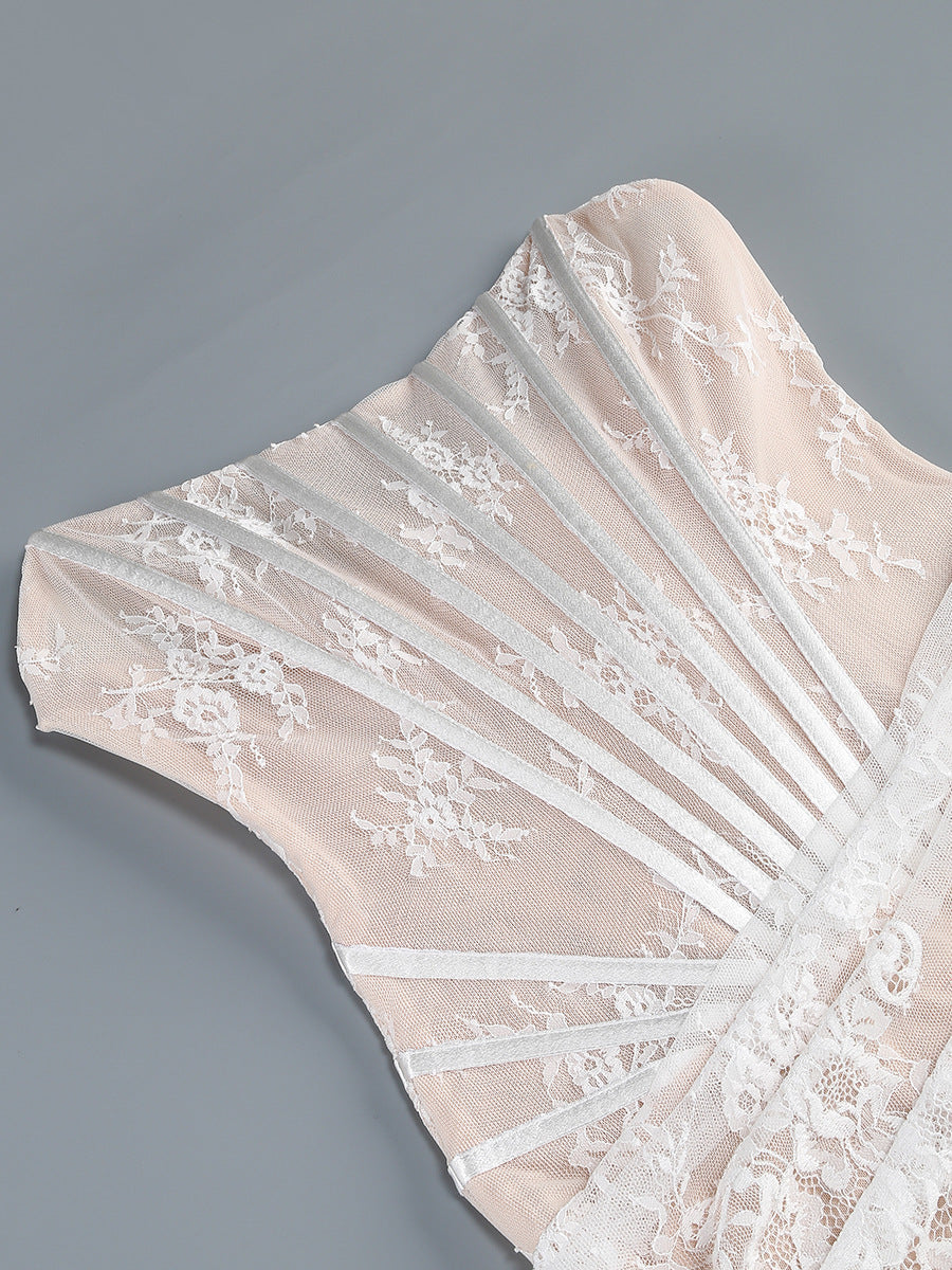 Rita Ivory Sheer Lace Corset Maxi Dress With Draped Neckline
