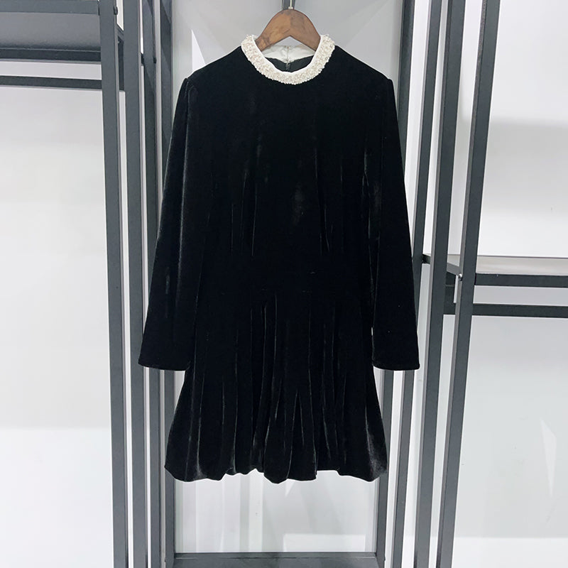 Sheila Beaded Velvet Puffy Mini Dress In Black
