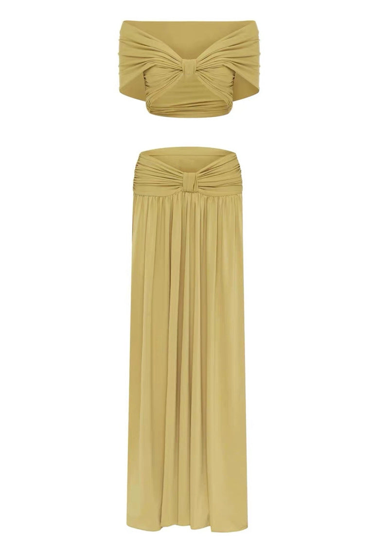 Flowering Girl Women pleated top & maxi skirt set - gold