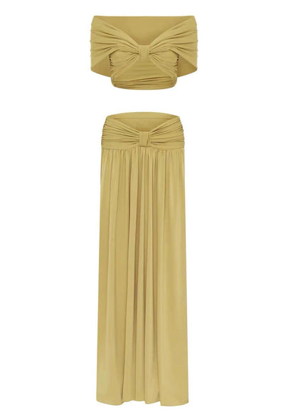 pleated top & maxi skirt set - gold