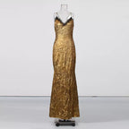 Flowering Girl Women Black Lace Trim Metallic Gold Spaghetti Strap Mermaid Maxi Dress