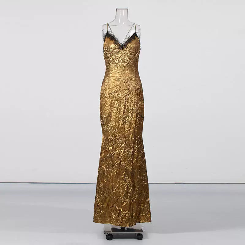Flowering Girl Women Black Lace Trim Metallic Gold Spaghetti Strap Mermaid Maxi Dress