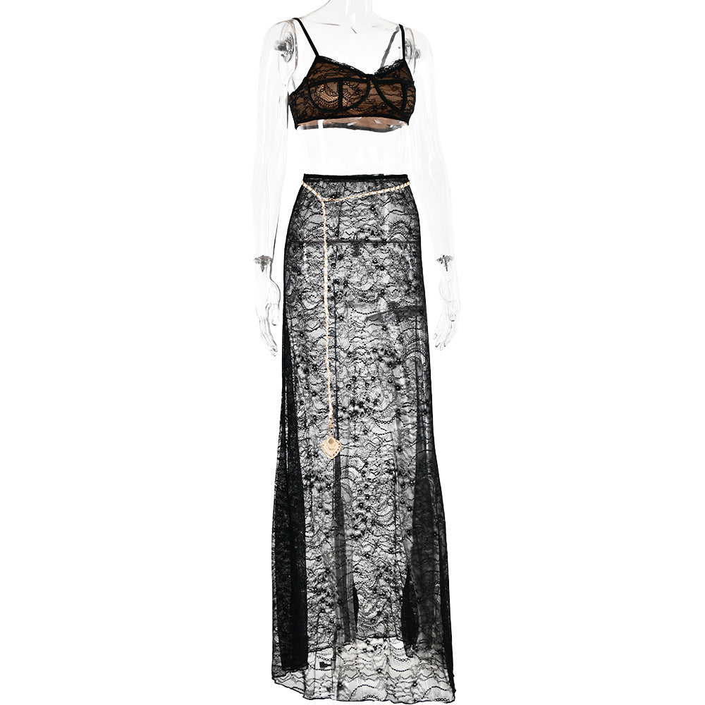 Flowering Girl Women LACE SKIRT SET WITH WAIST CHAIN IN BLACK