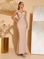 Belen Beaded Fishtail Strapless Bandage Maxi Dress In Apricot