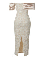 polly Contour Off-Shoulder Jacquard Floral Maxi Dress - apricot