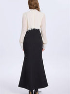 carlin Balloon Sleeve Ruched Tie Up Midi Dress - white & black