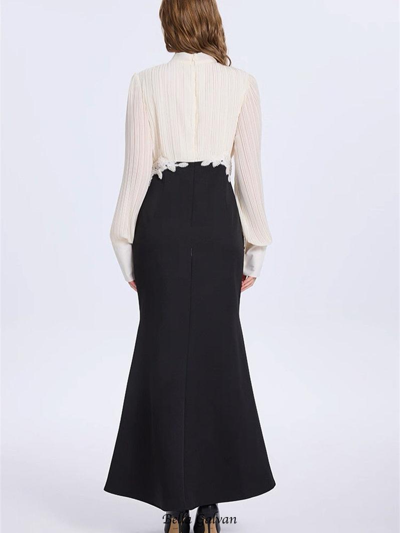 carlin Balloon Sleeve Ruched Tie Up Midi Dress - white & black