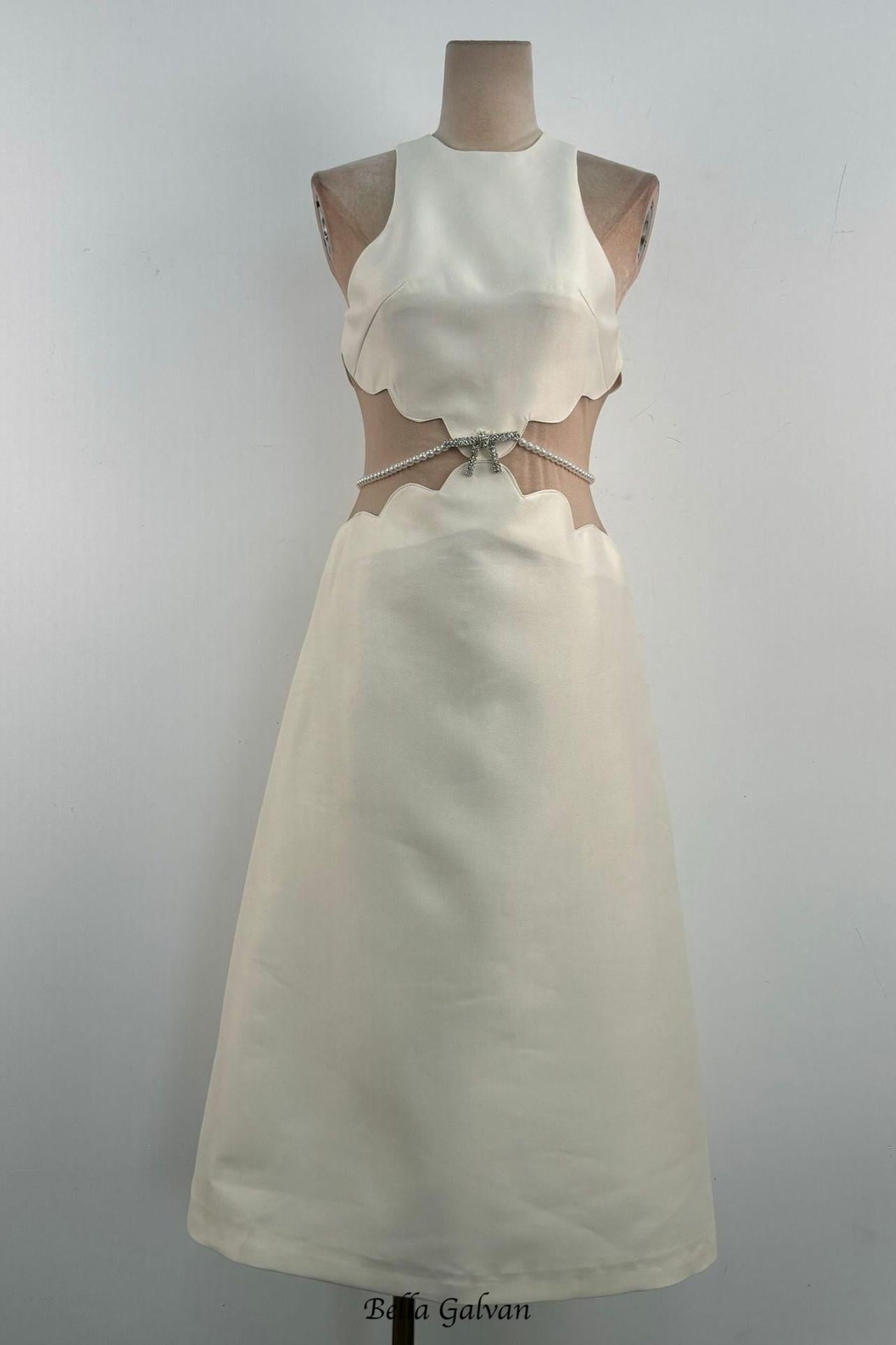 anila pearl chain embellished midi dress in apricot