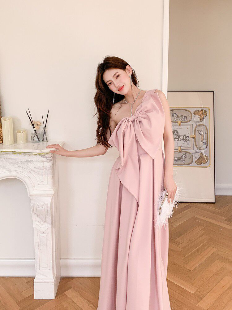 Dolores Oversized Bow Strapless Maxi Dress-Pink