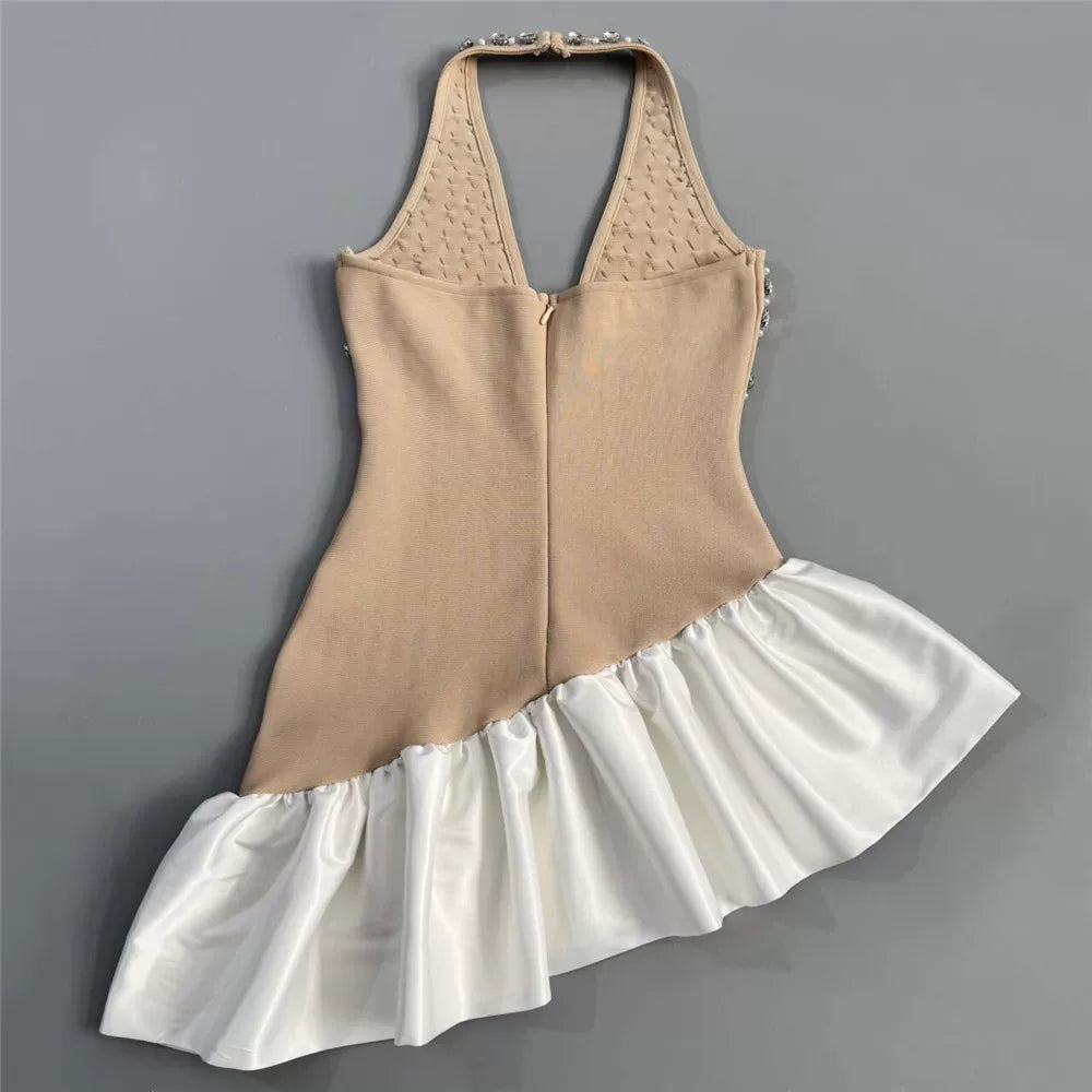 Flowering Girl Women Rhinestone Mesh Halter Ruffle Satin Mini Dress