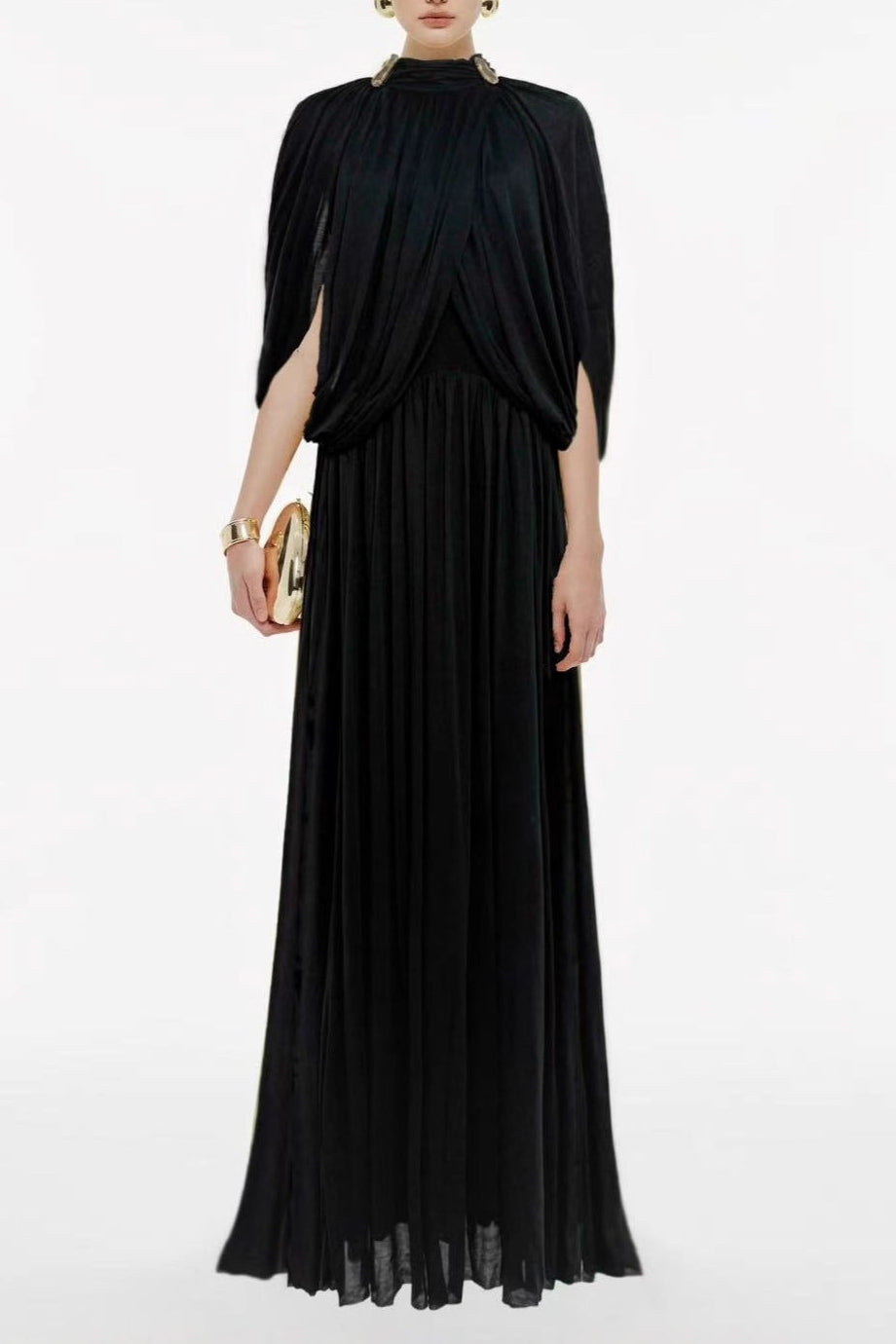 Flowering Girl Women Leona Black Draped Cape Sleeve Knit Maxi Dress