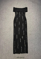 laurel Off-shoulder rhinestone bandage maxi dress in black