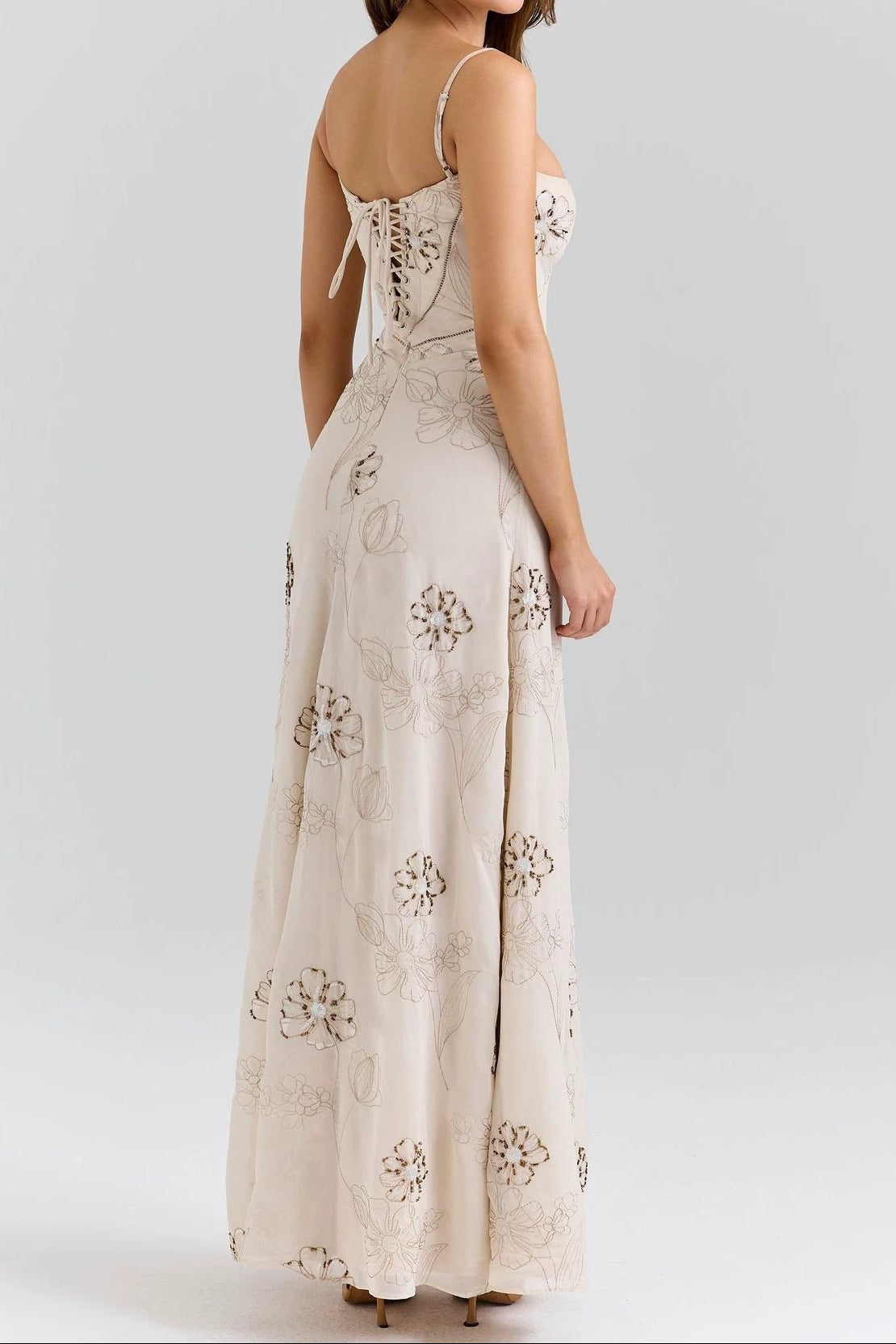 Beige Floral Beaded Spaghetti Strap Maxi Dress