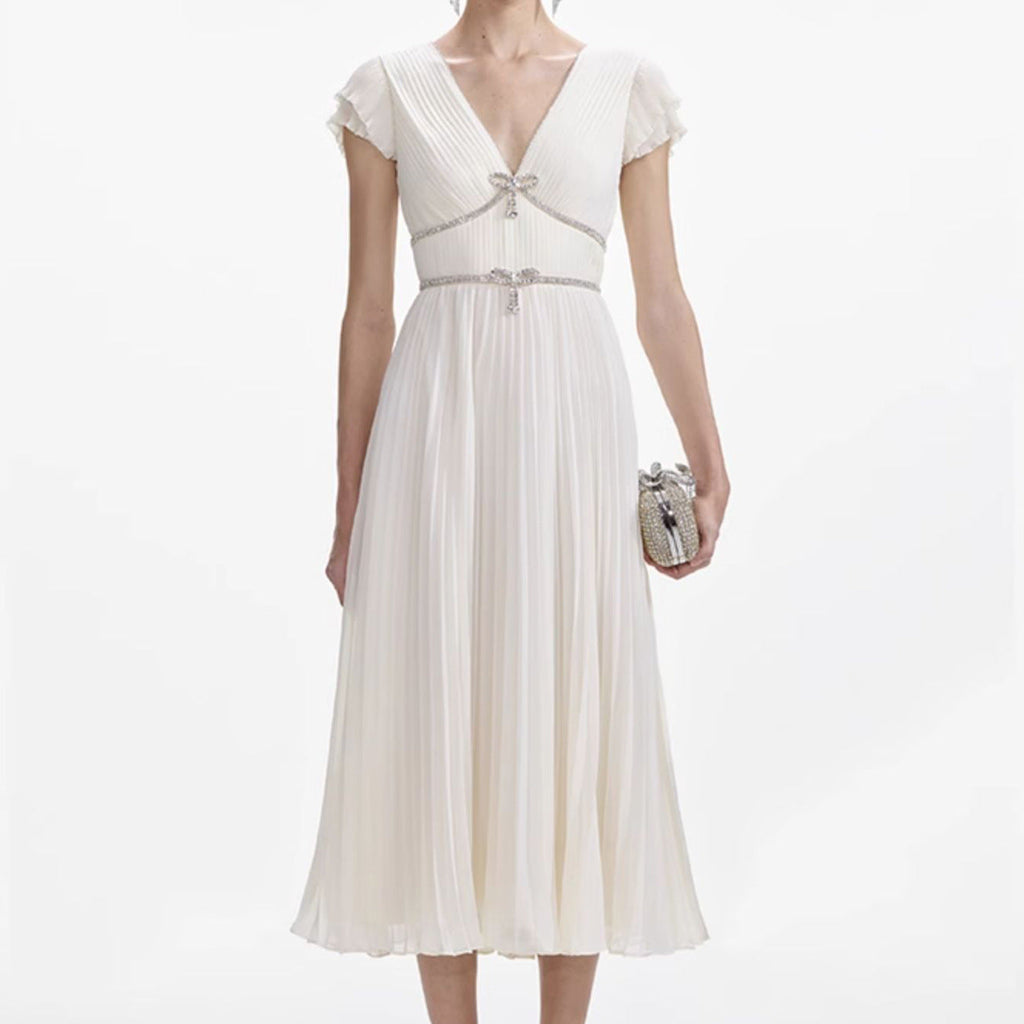 karen v-neck bow pleated chiffon midi dress - white