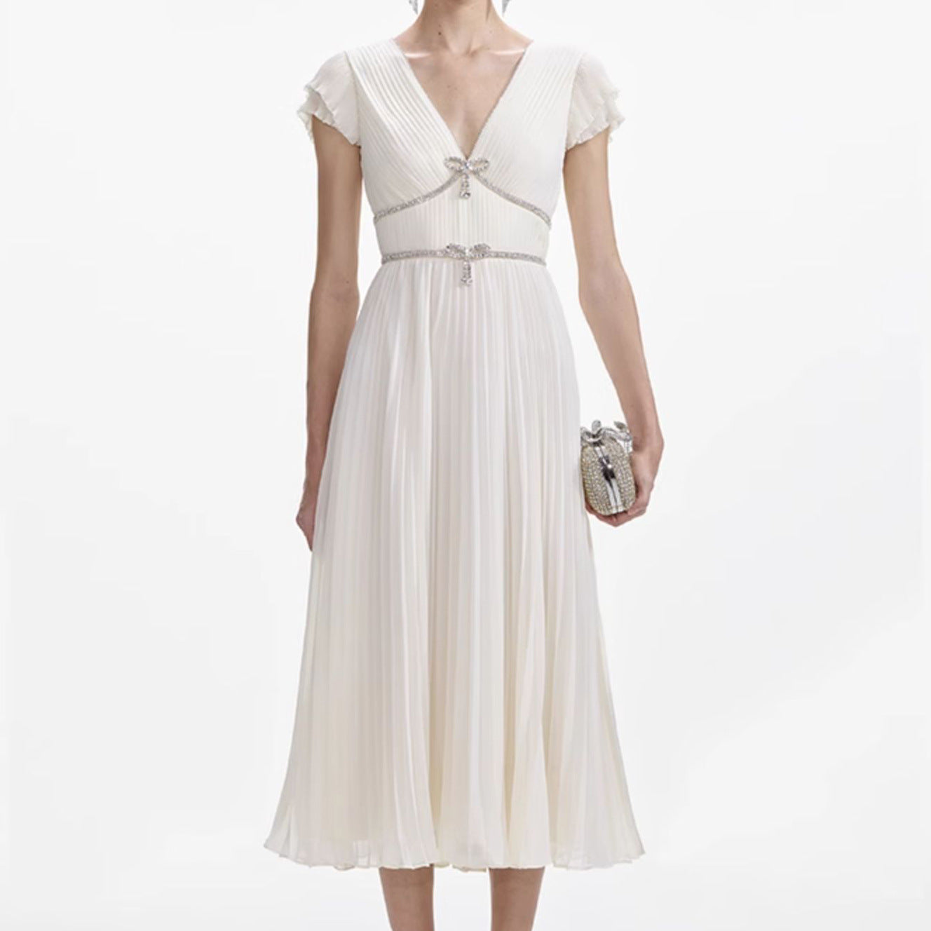 karen v-neck bow pleated chiffon midi dress - white