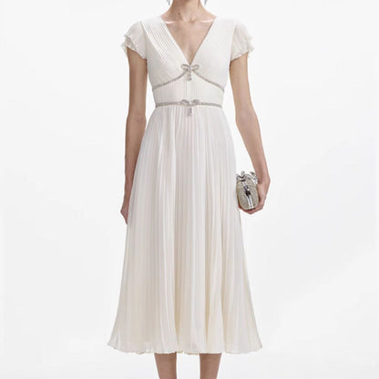 karen v-neck bow pleated chiffon midi dress - white
