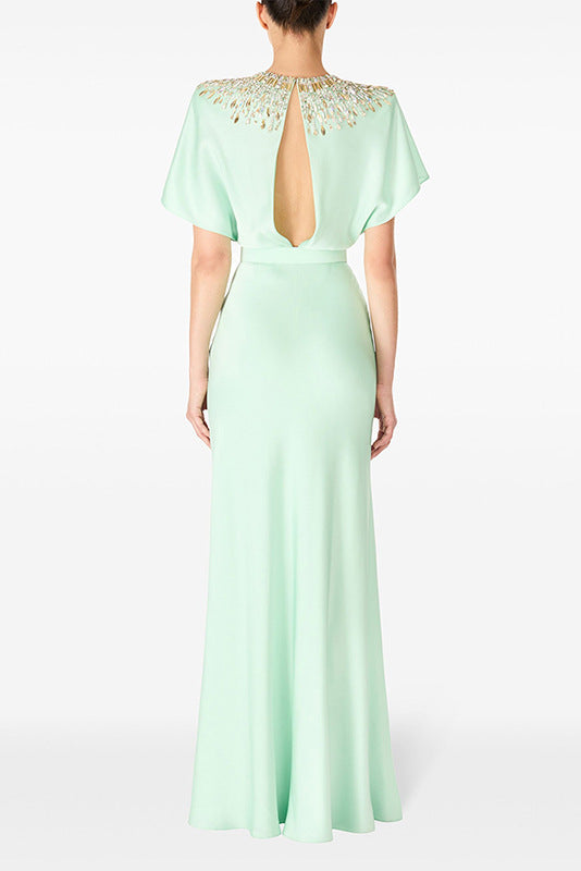 Flowering Girl Women backless satin bead diamond maxi dress