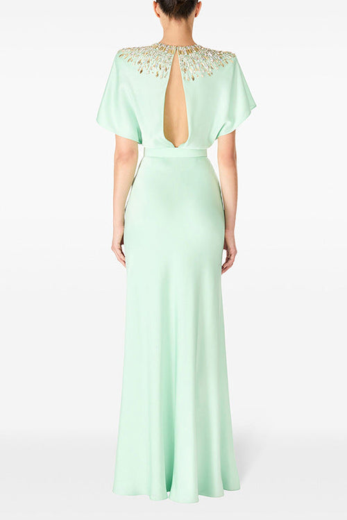 Flowering Girl Women backless satin bead diamond maxi dress
