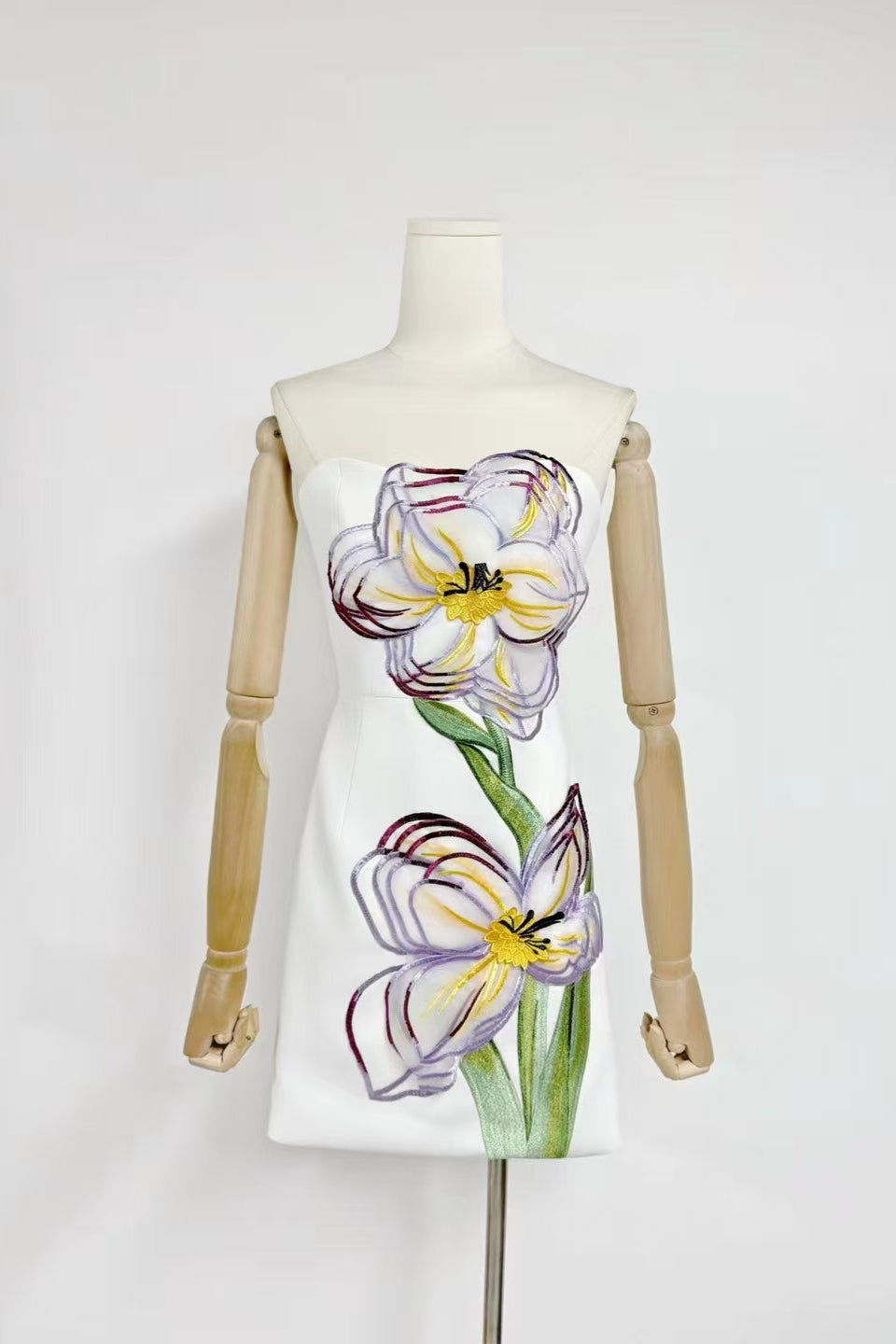 Rosario Appliqué Floral Bustier Mini Dress in white