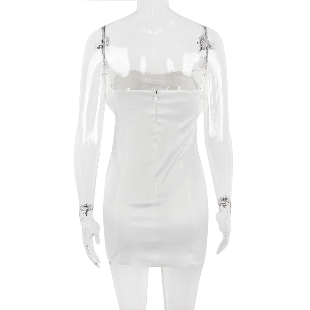SATIN CRYSTAL EMBELLISHED BOW DRESS IN WHITE