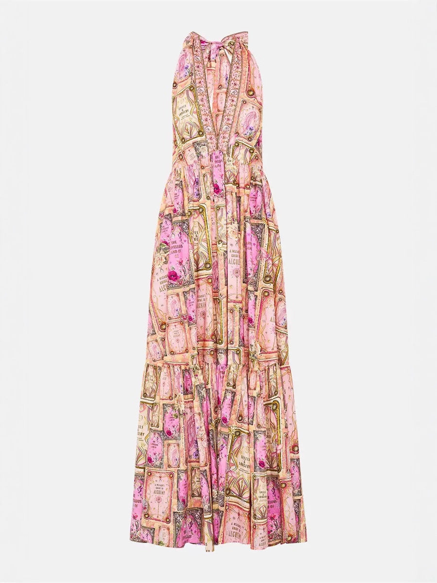 Flowering Girl Women V-neck halter neck printed maxi dress - pink