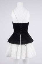 Flowering Girl Women Petal-Layered Velvet Top Mini Skirt Suit Without Glove - Black/White