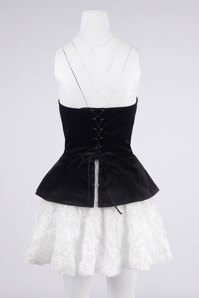 Flowering Girl Women Petal-Layered Velvet Top Mini Skirt Suit Without Glove - Black/White